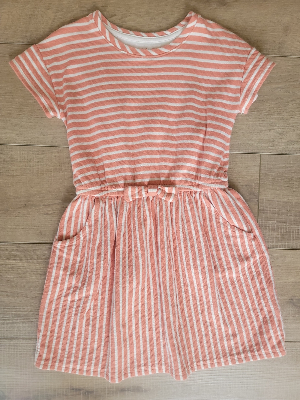 Cat & Jack Girls Medium 7/8 Pink White Striped Knit Bow Dress Pockets